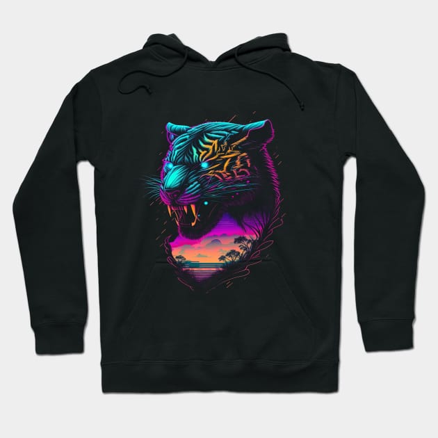 Retrowave Synthwave Tiger Head - 1980's Animal Print Hoodie by Odd World